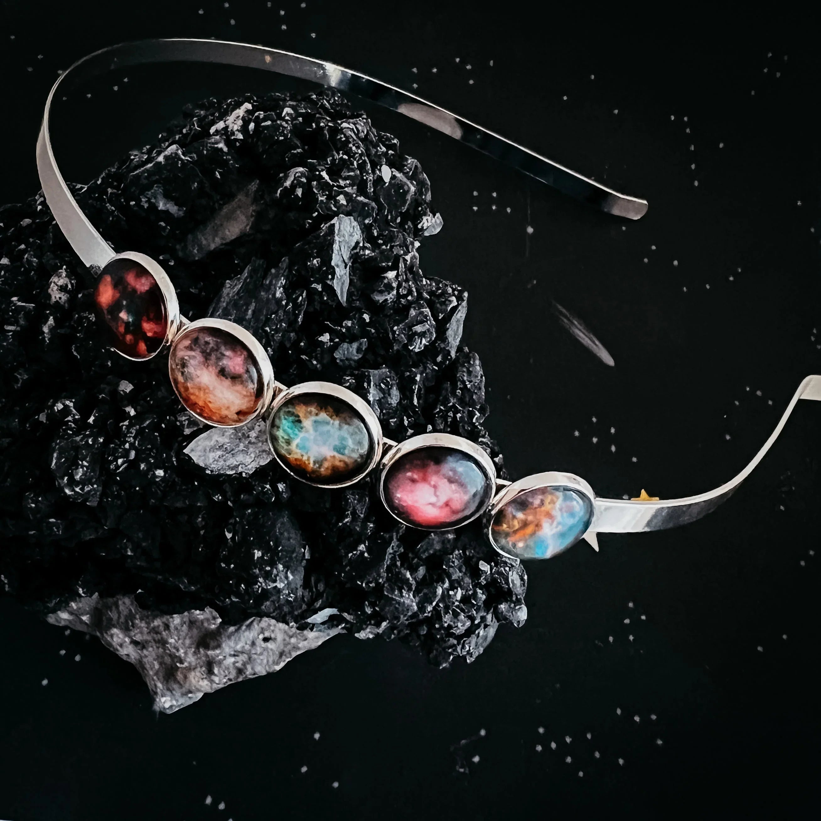 Cosmic-inspired artist-designed headband with colorful glass cabochons on black crystal, Qu!rk Boutique