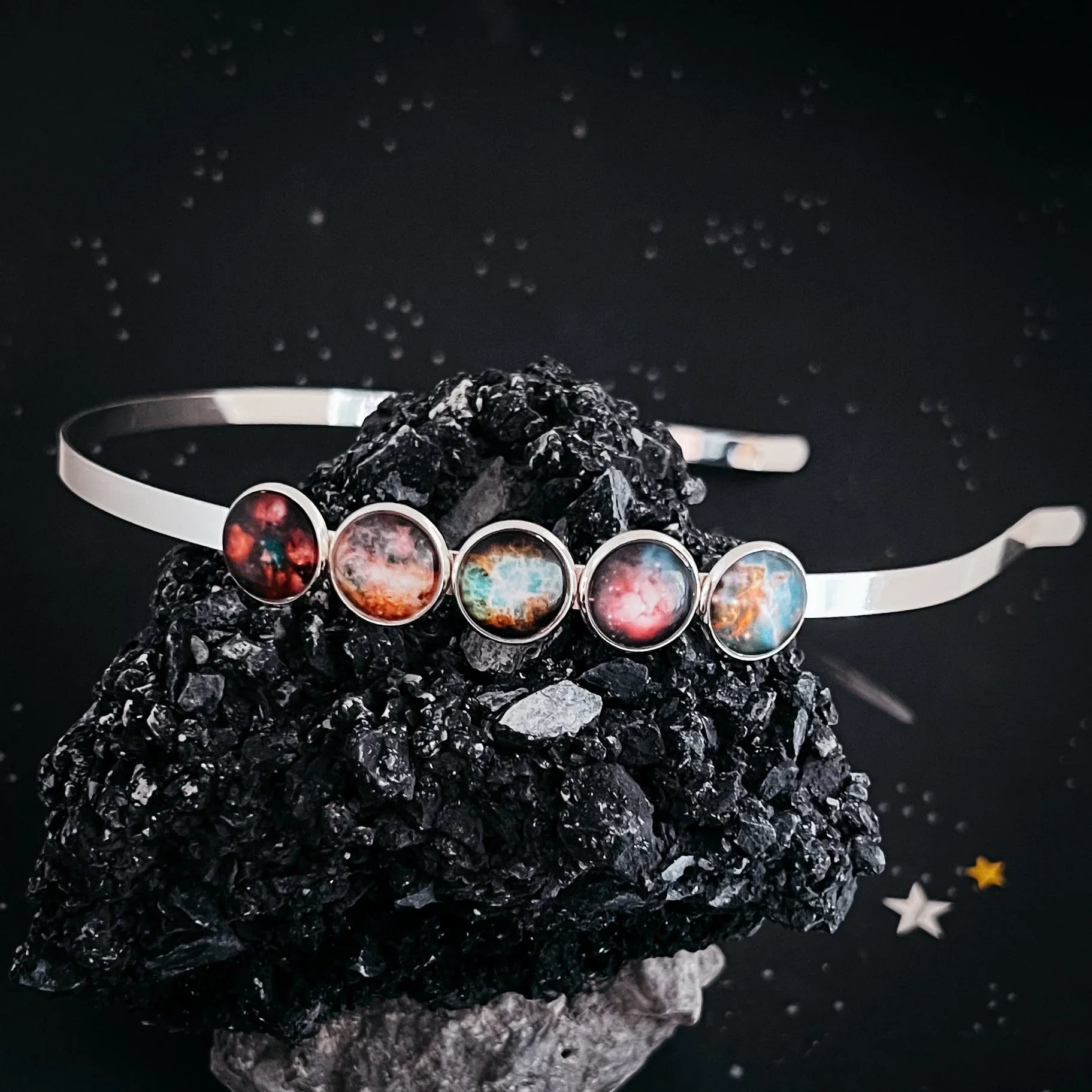 Cosmic-inspired silver headband with nebula art cabochons on black crystal, Qu!rk Boutique