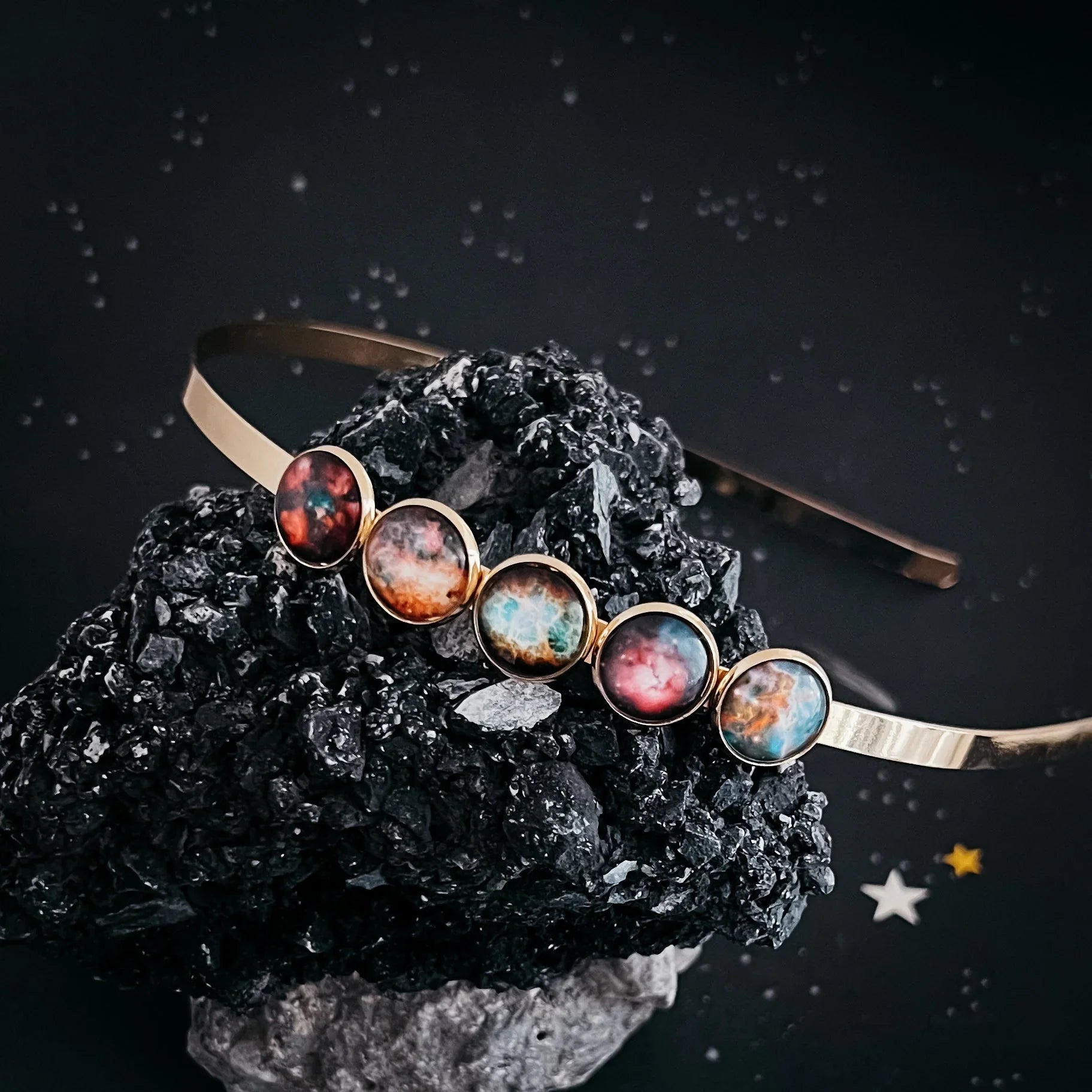Cosmic galaxy headband with colorful resin cabochons on black stone, Qu!rk Boutique jewelry