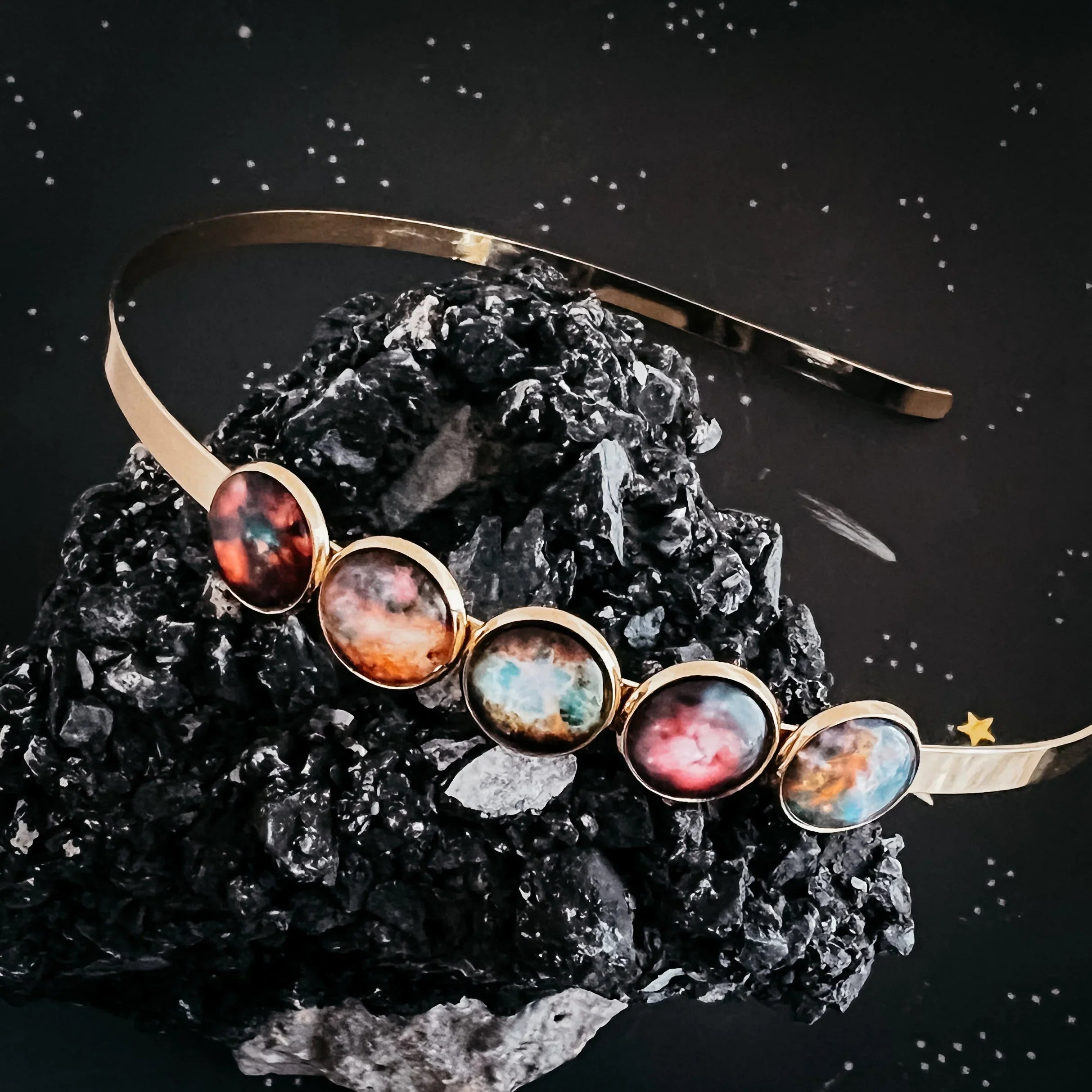 Cosmic galaxy headband with colorful cabochons on black crystal, Qu!rk Boutique gift
