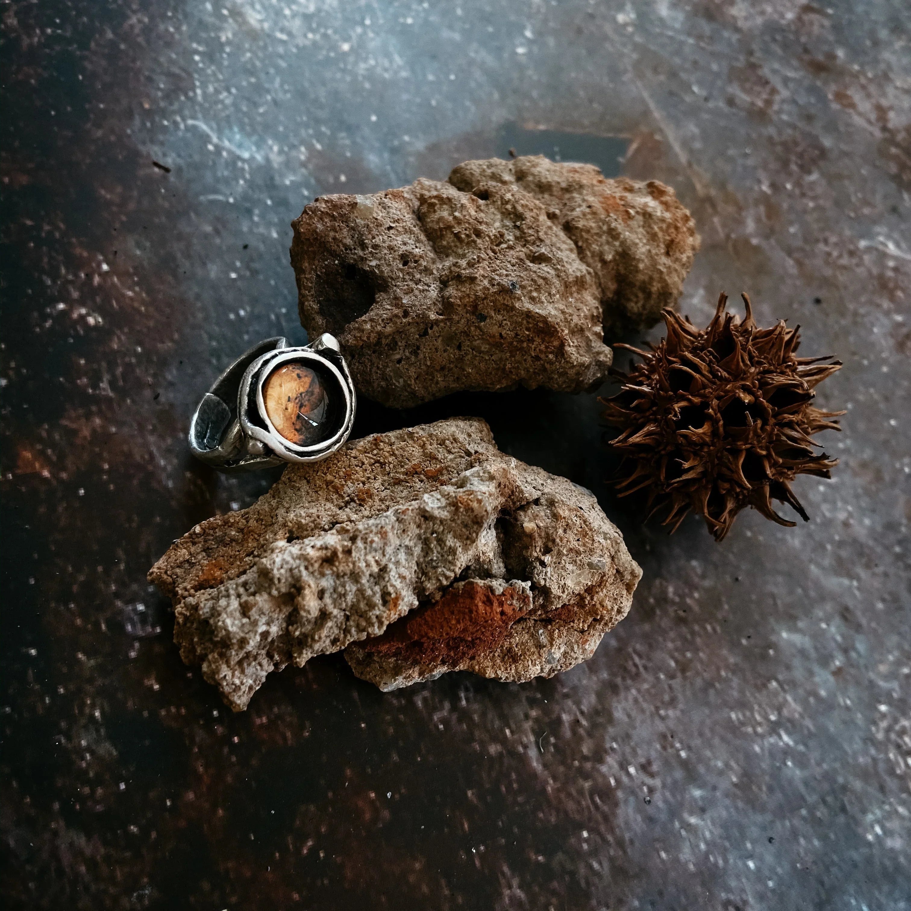 Silver ring with wooden inlay beside rough stones and a spiky dried seed pod on dark surface