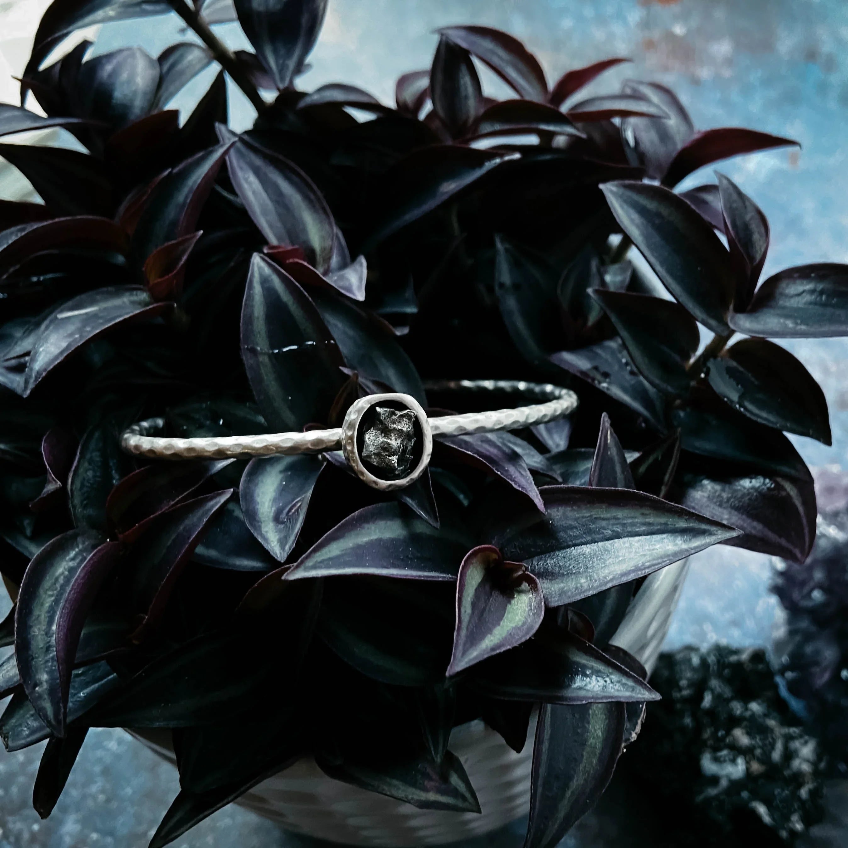 Handmade silver ring with rough stone displayed on dark purple plant leaves, Qu!rk Boutique