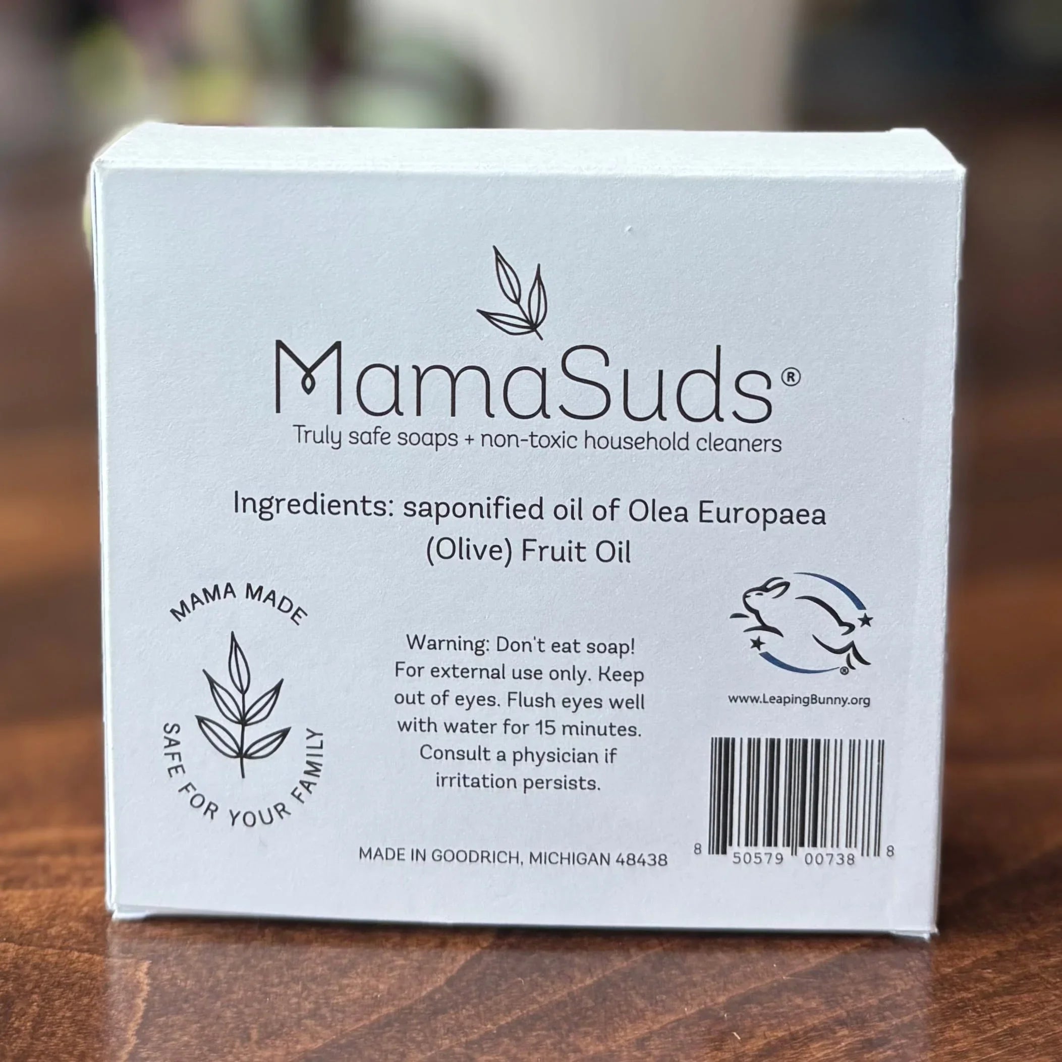 MamaSuds natural olive oil soap box on wood, safe non-toxic cleaner at Qu!rk Boutique