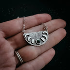 Lunar Eclipse Half Circle Pendant Necklace with Moon Phases and Black Opal - Qu!rk Boutique