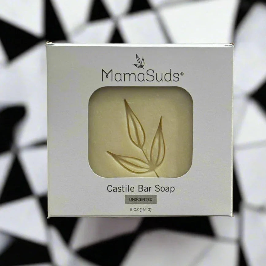 MamaSuds Castile bar soap unscented in eco-friendly box, black and white geometric background