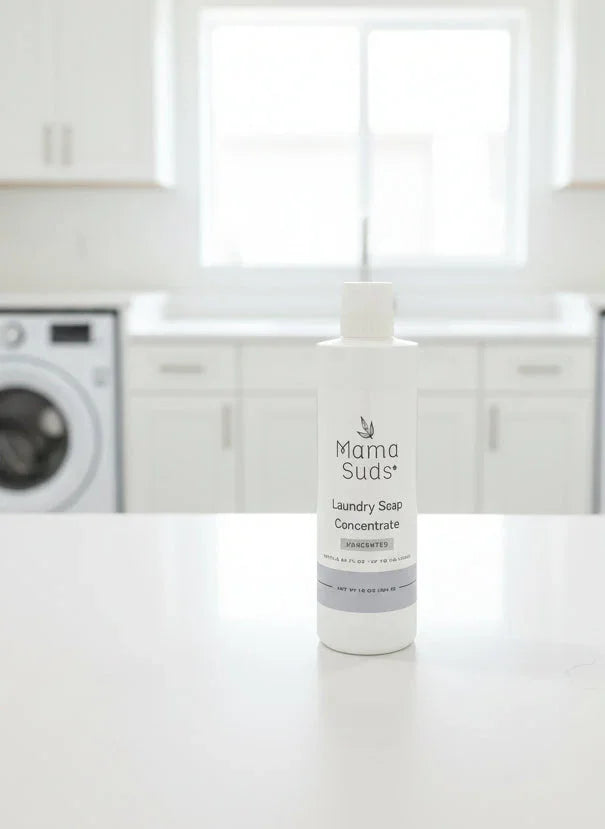 Mama Suds laundry soap concentrate on white countertop in bright modern laundry room at Qu!rk Boutique
