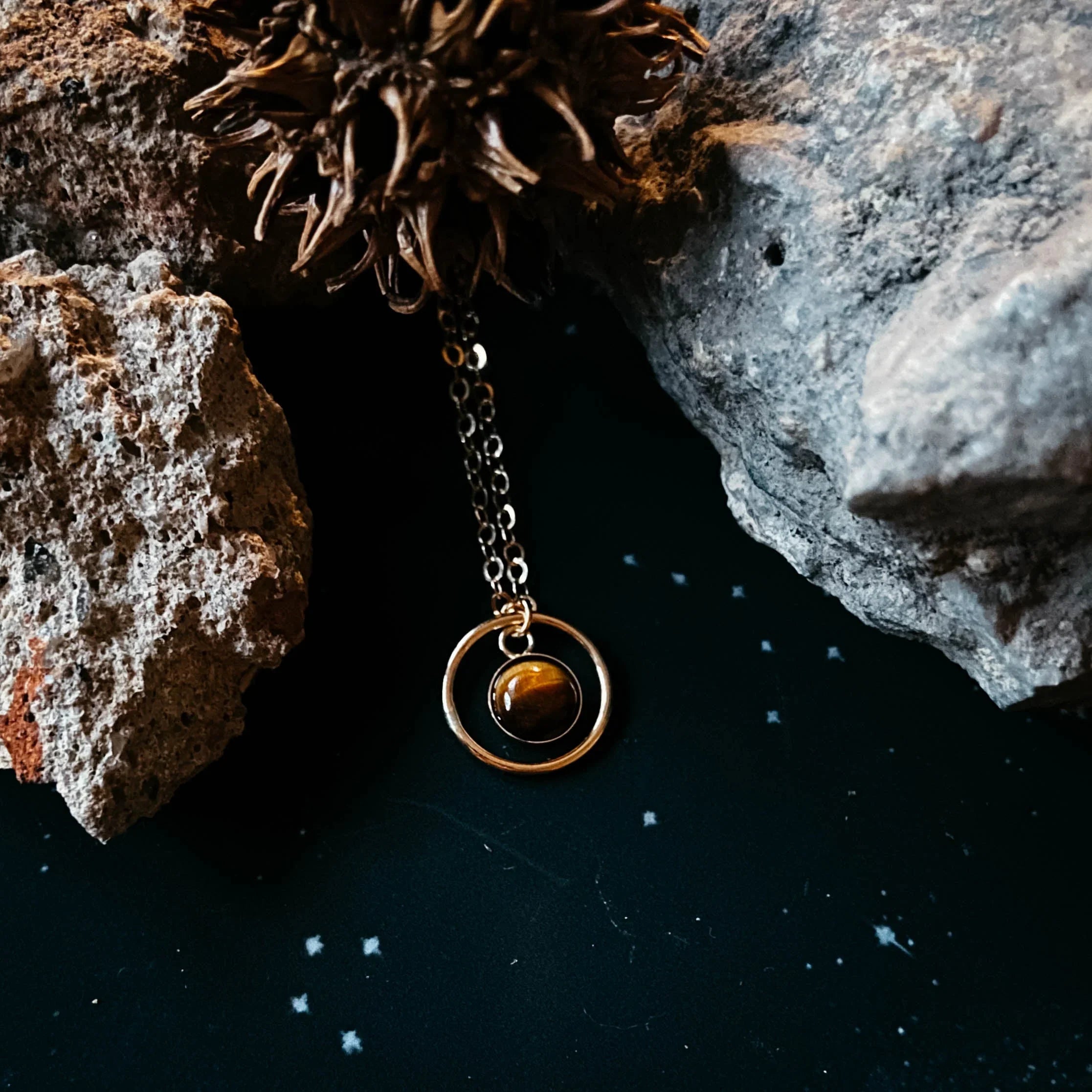 Gold pendant necklace with brown stone, styled on black surface with rocks and dried seed pod, Qu!rk Boutique