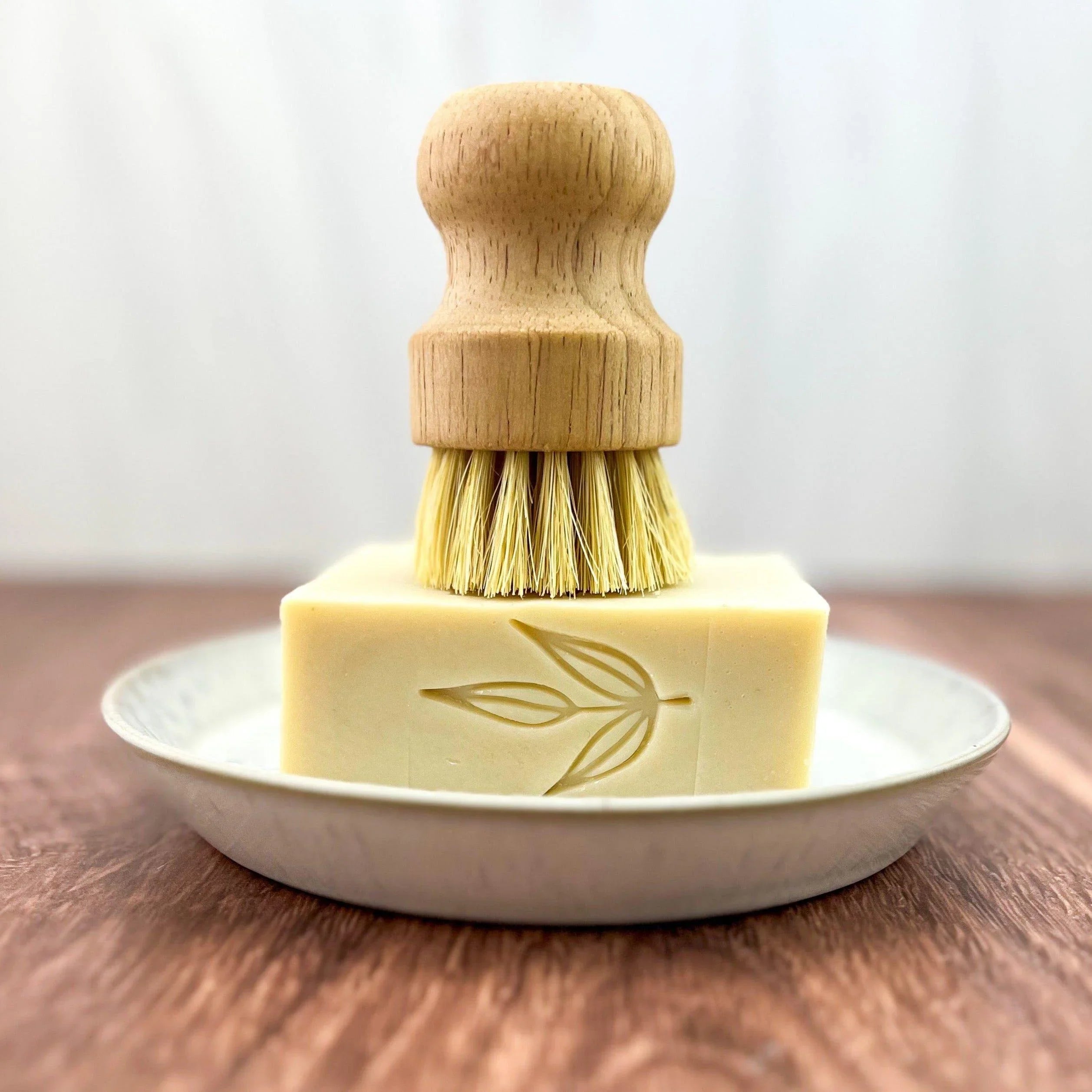 Eco-friendly wooden dish brush on natural bar soap with leaf design, Qu!rk Boutique
