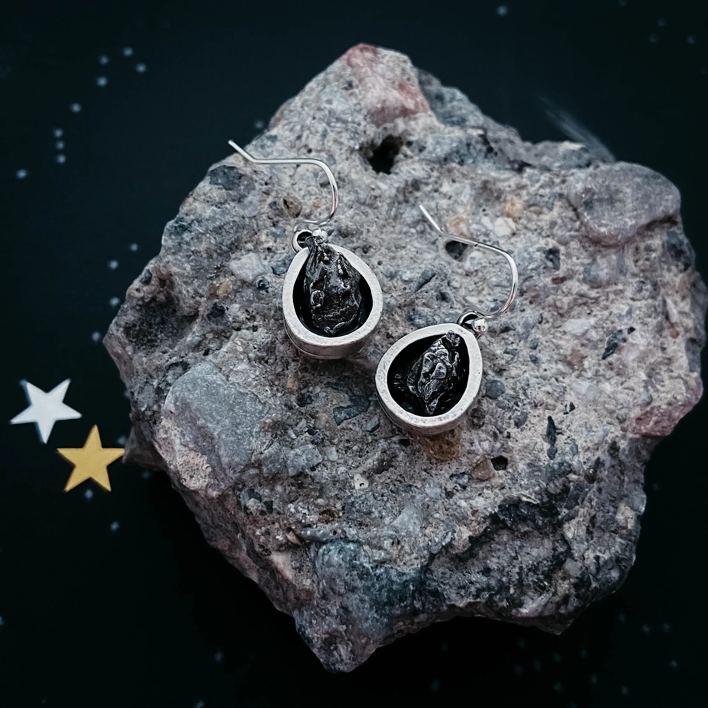 Teardrop cosmic stone earrings on natural rock, Qu!rk Boutique sustainable jewelry