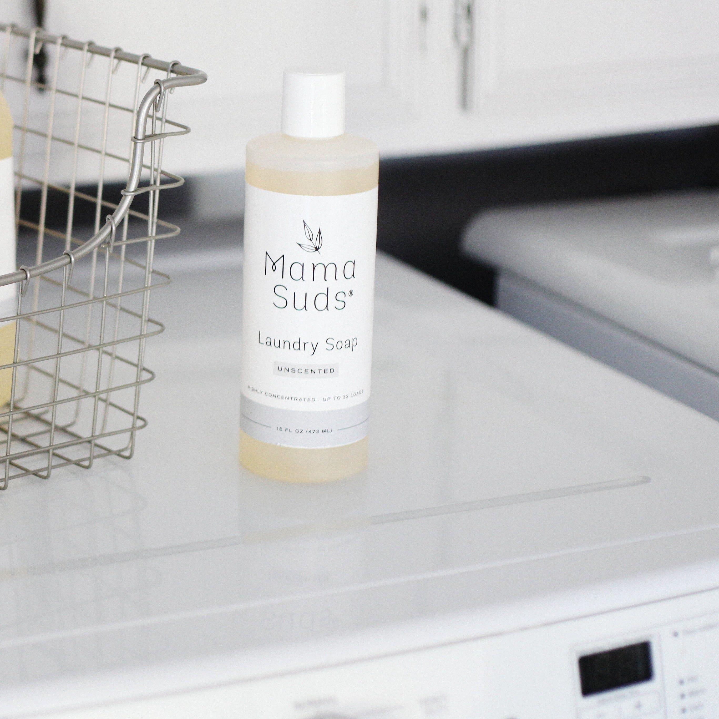 Mama Suds unscented laundry soap on washing machine, eco-friendly product at Qu!rk Boutique