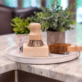Eco-friendly dish brush on soap bar, with scrubber and potted plants on marble tray