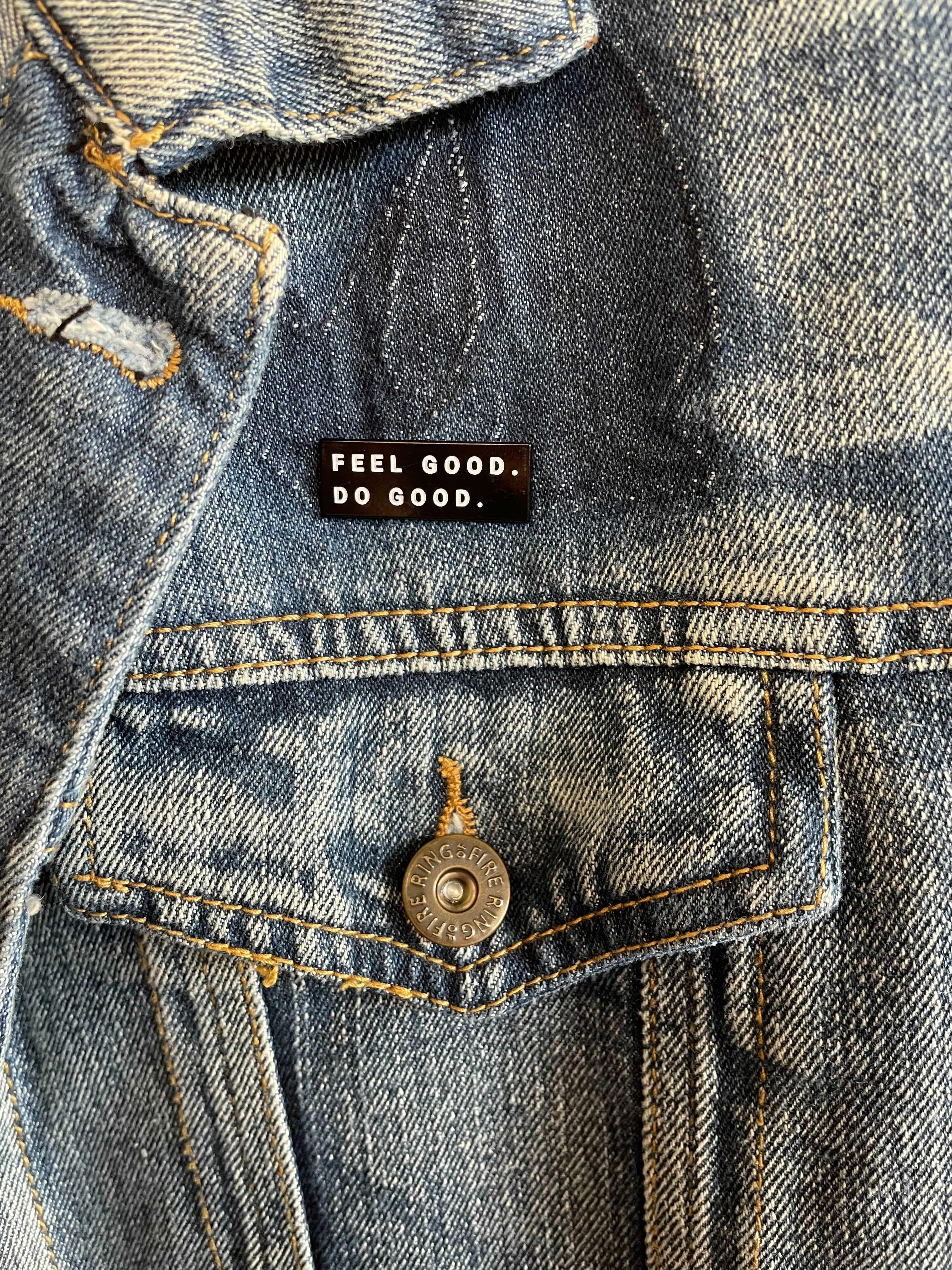 Denim jacket with 'Feel Good. Do Good.' enamel pin, Qu!rk Boutique ethical fashion