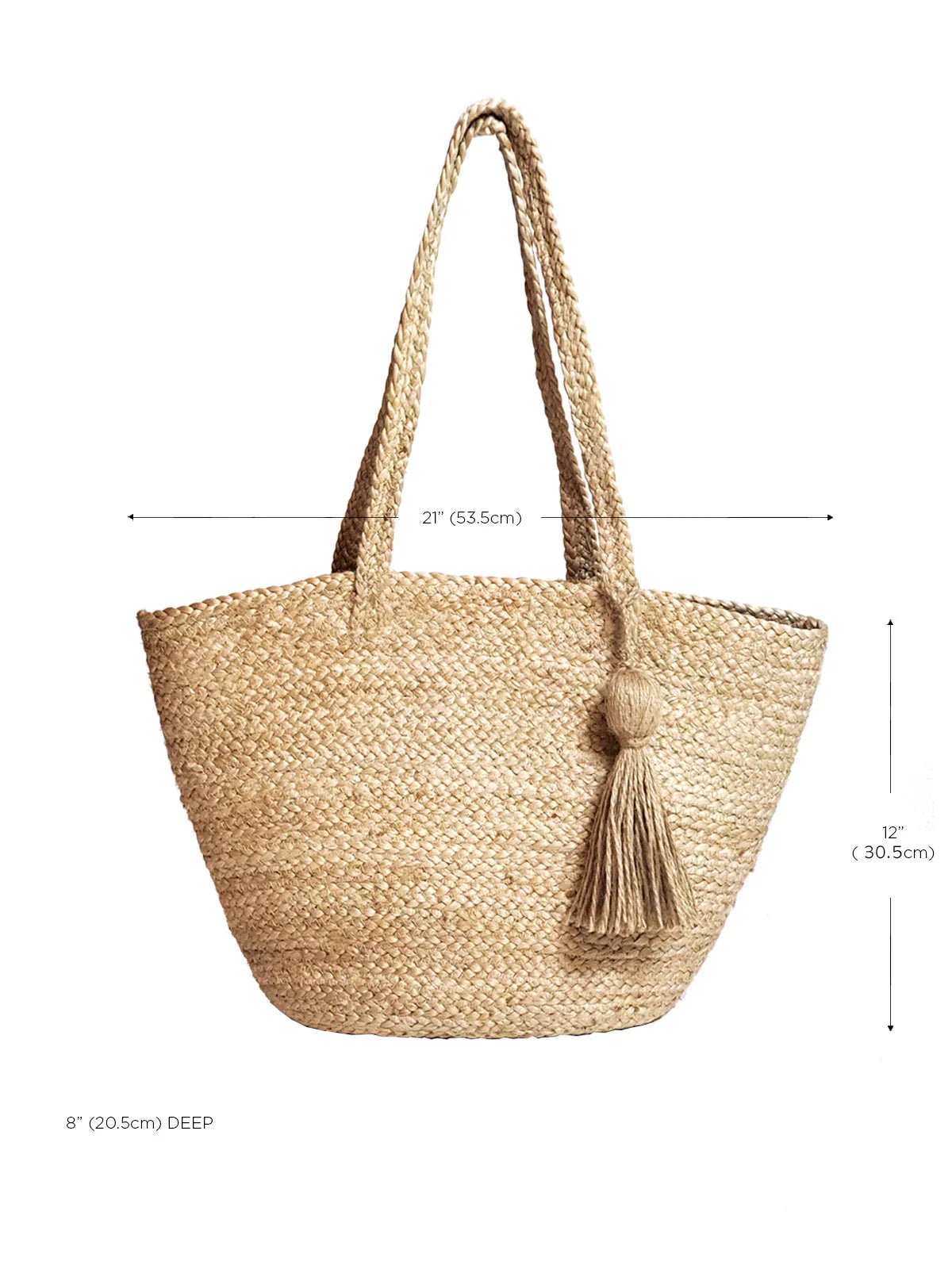 Natural woven jute shoulder bag with tassel, eco-friendly tote, 21x12x8 inches.
