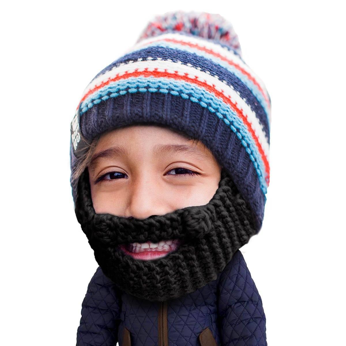 Child wearing colorful striped knit beanie with pom-pom and black knit beard face mask