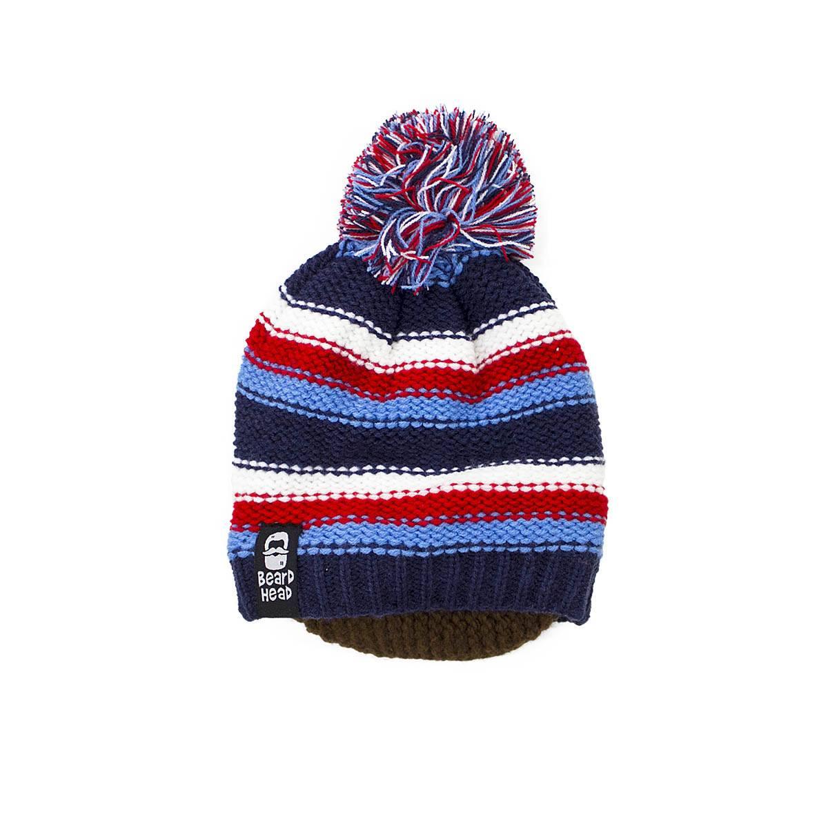 Striped knit winter beanie with red, white, blue colors and pom pom, Beard Head label