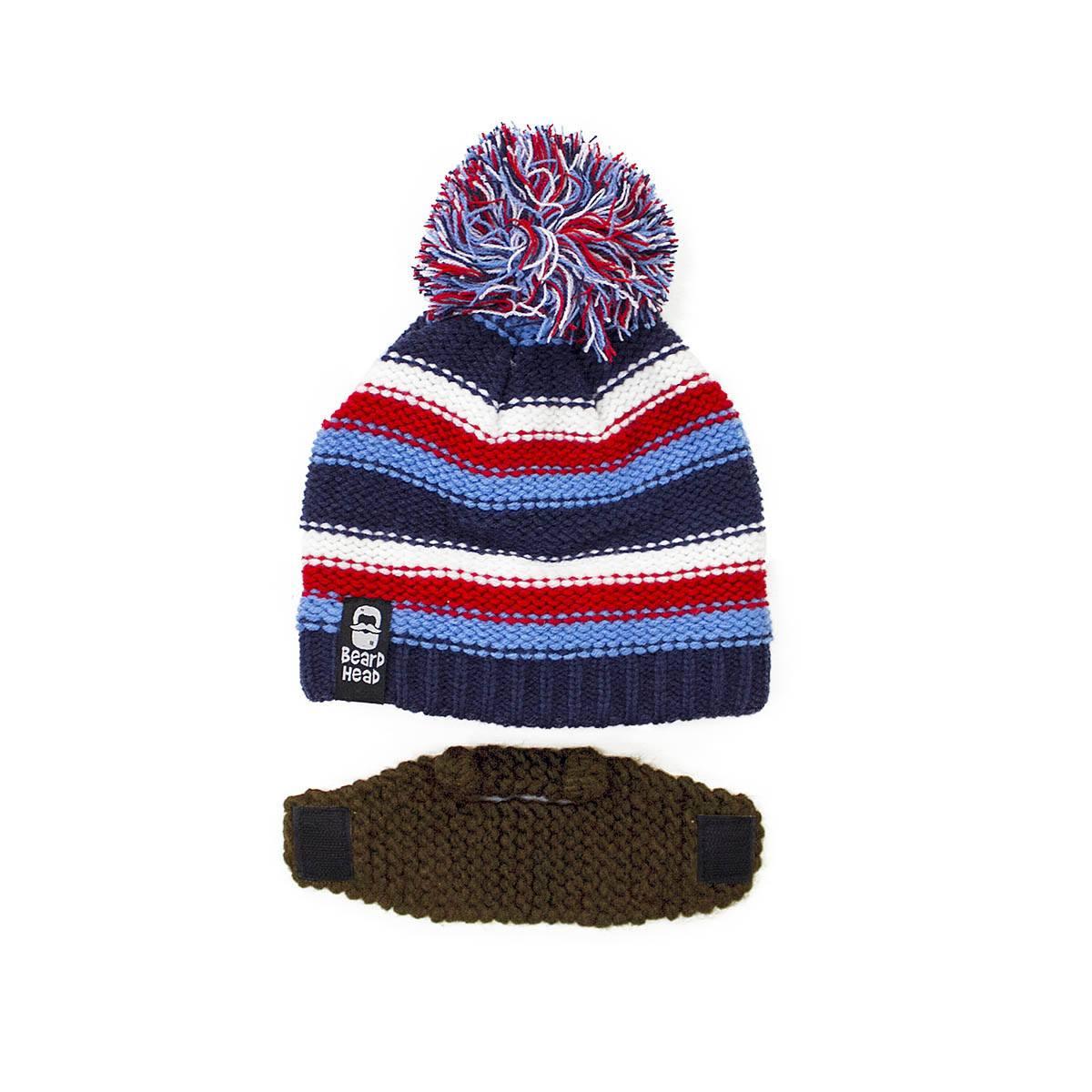 Striped knit winter beanie with red, white, blue colors and pom-pom, plus removable beard attachment
