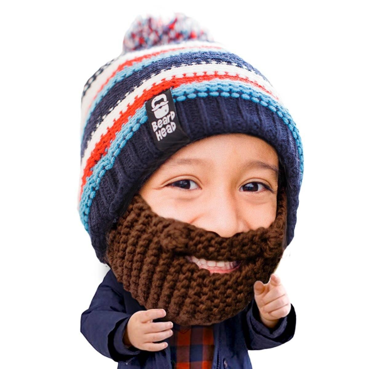 Child wearing a colorful striped knit beanie with a brown crocheted beard mask and navy jacket