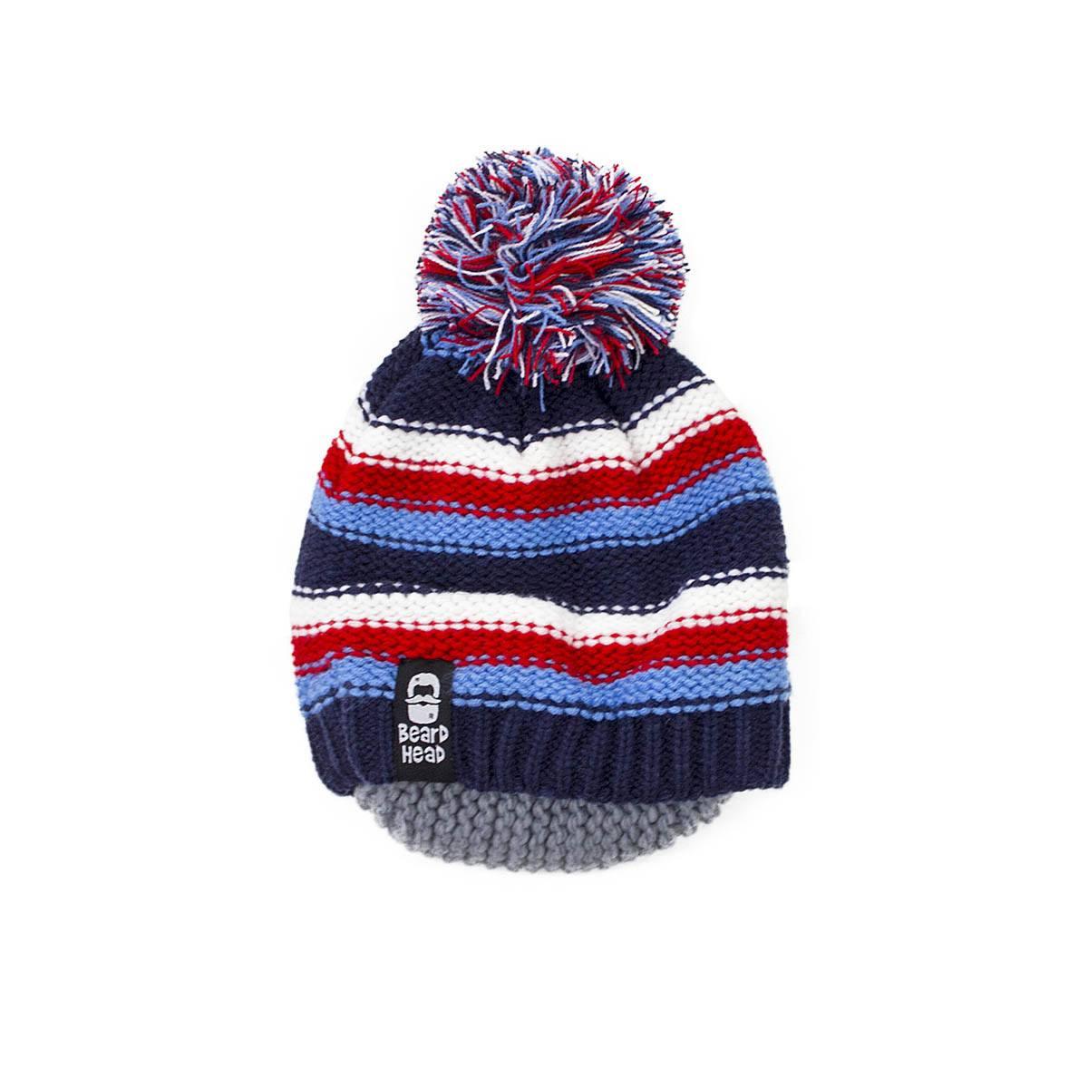Striped knit winter beanie hat with red, white, blue colors and pom-pom, Beard Head logo tag