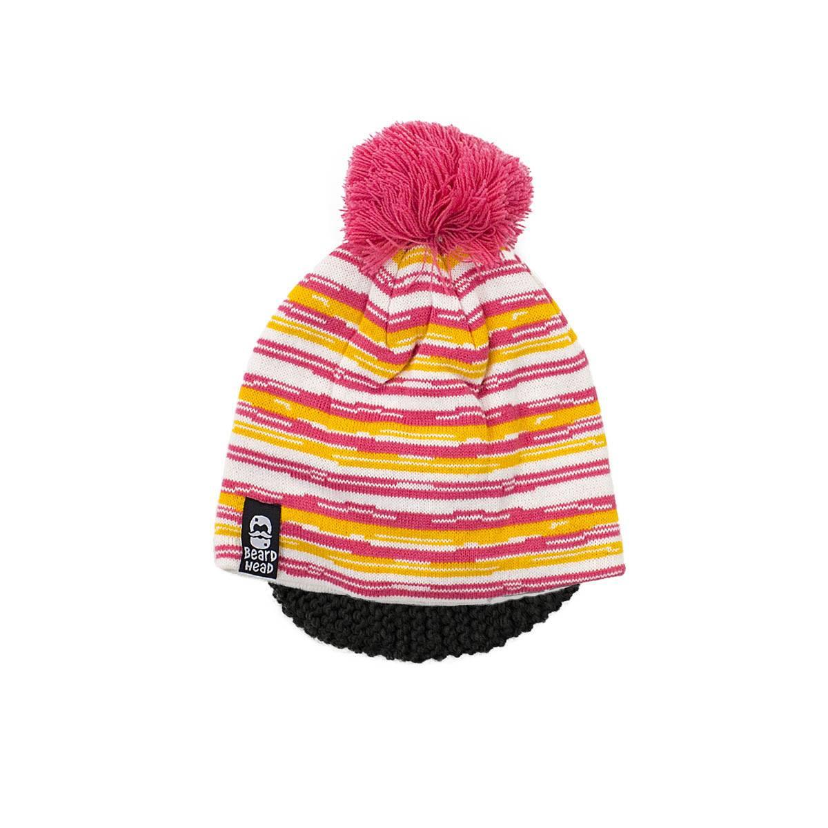 Striped knit winter beanie with pink pom pom, yellow and white stripes, and black beard cover