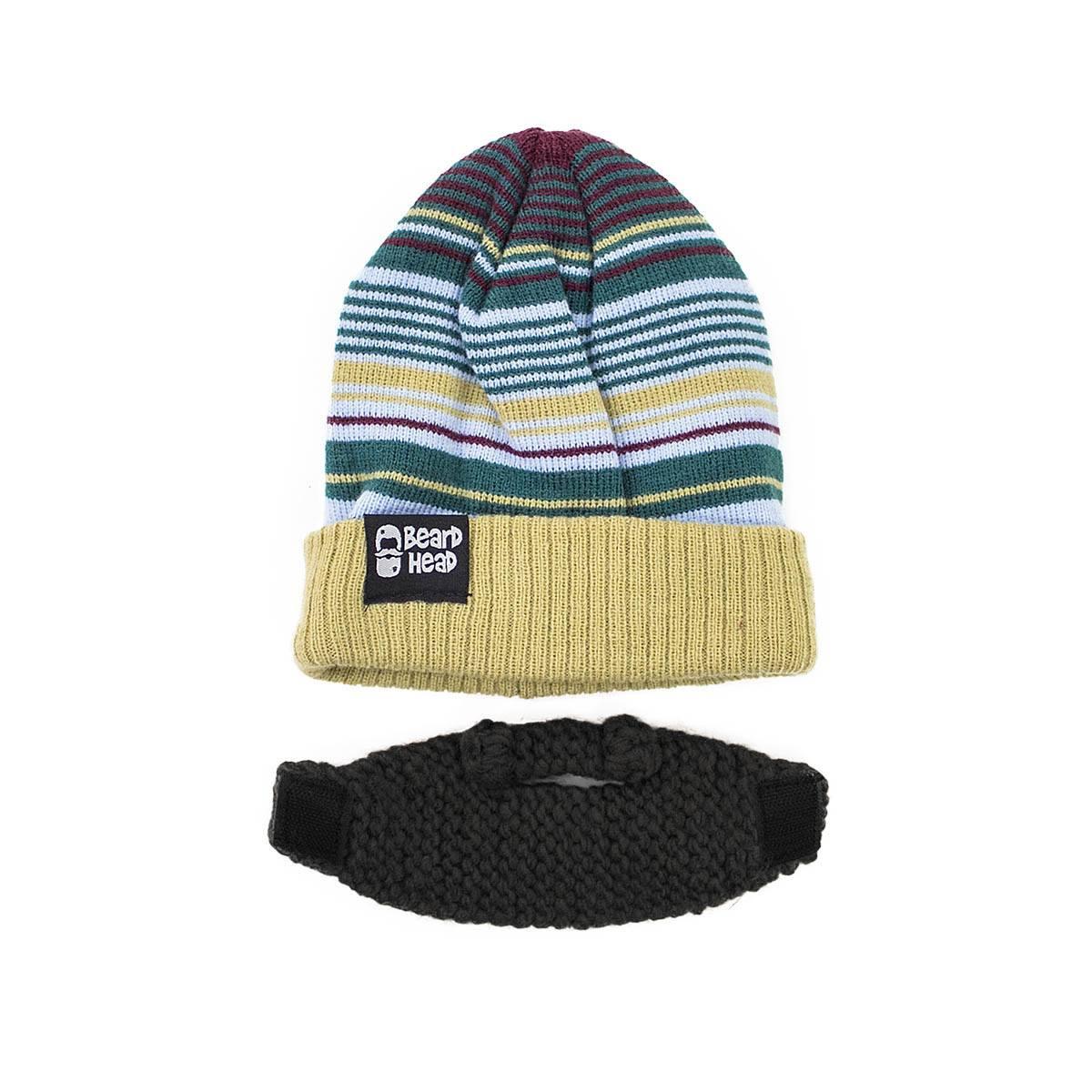Striped knit beanie with yellow cuff and Beard Head logo with detachable black knit beard
