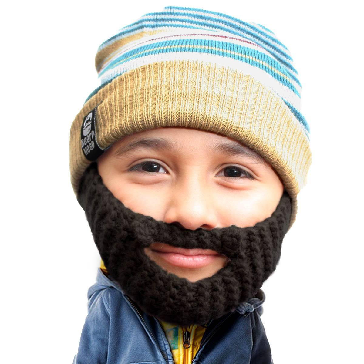 Child wearing striped knit beanie and black crochet fake beard face mask