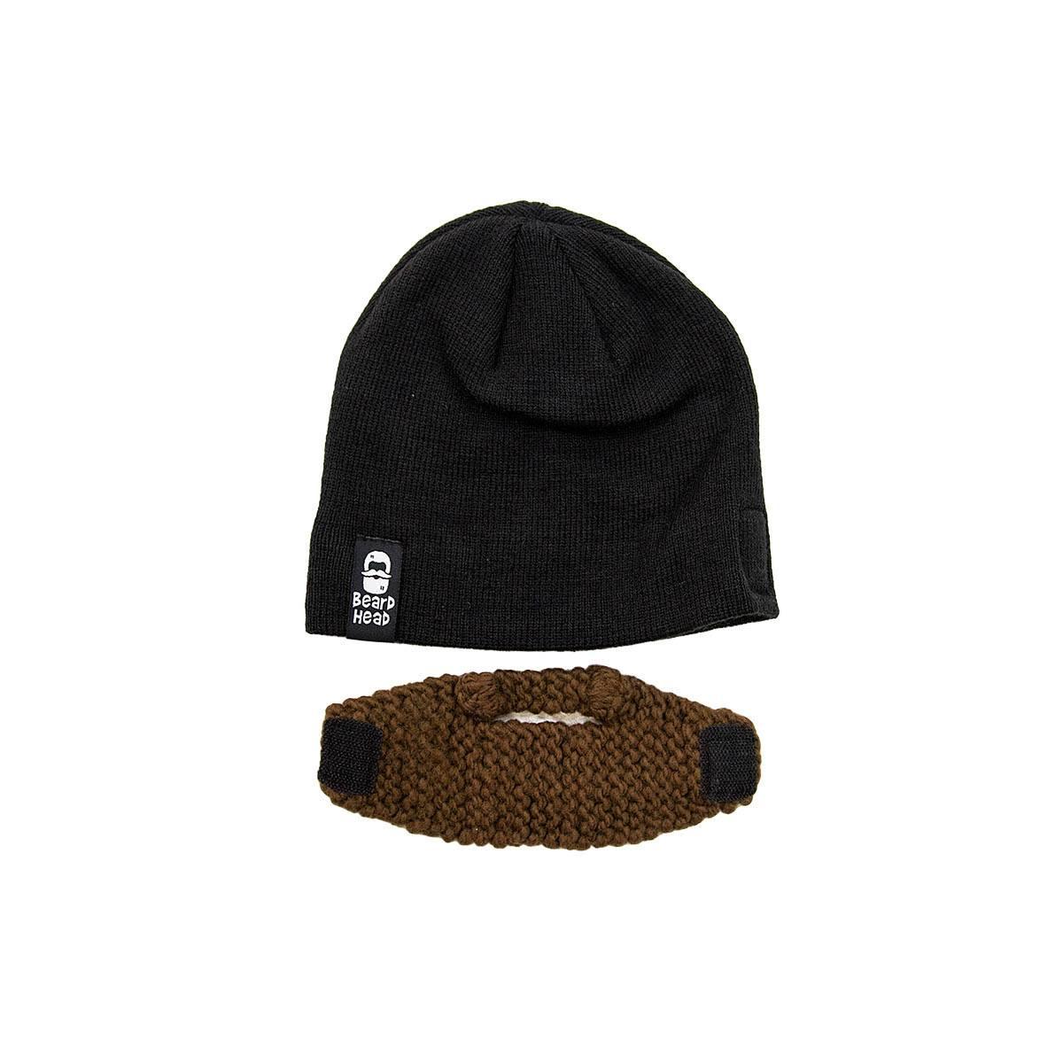 Black knit beanie with Beard Head logo and attached brown fake knitted beard accessory