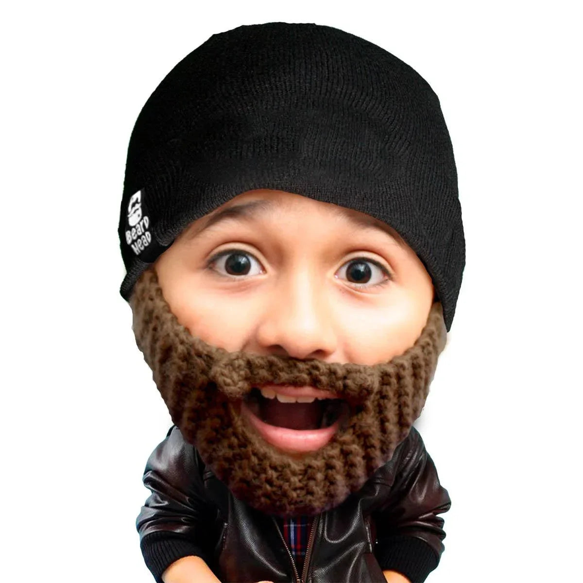 Child wearing black knit beanie with attached brown crocheted fake beard and leather jacket