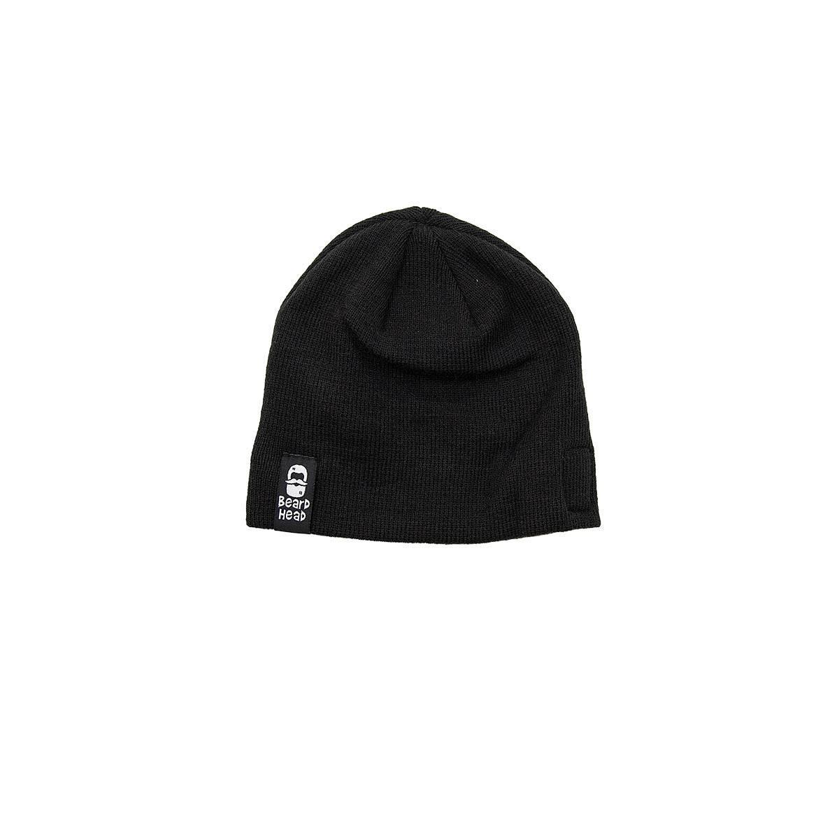 Black knit beanie hat with Beard Head logo patch on a white background