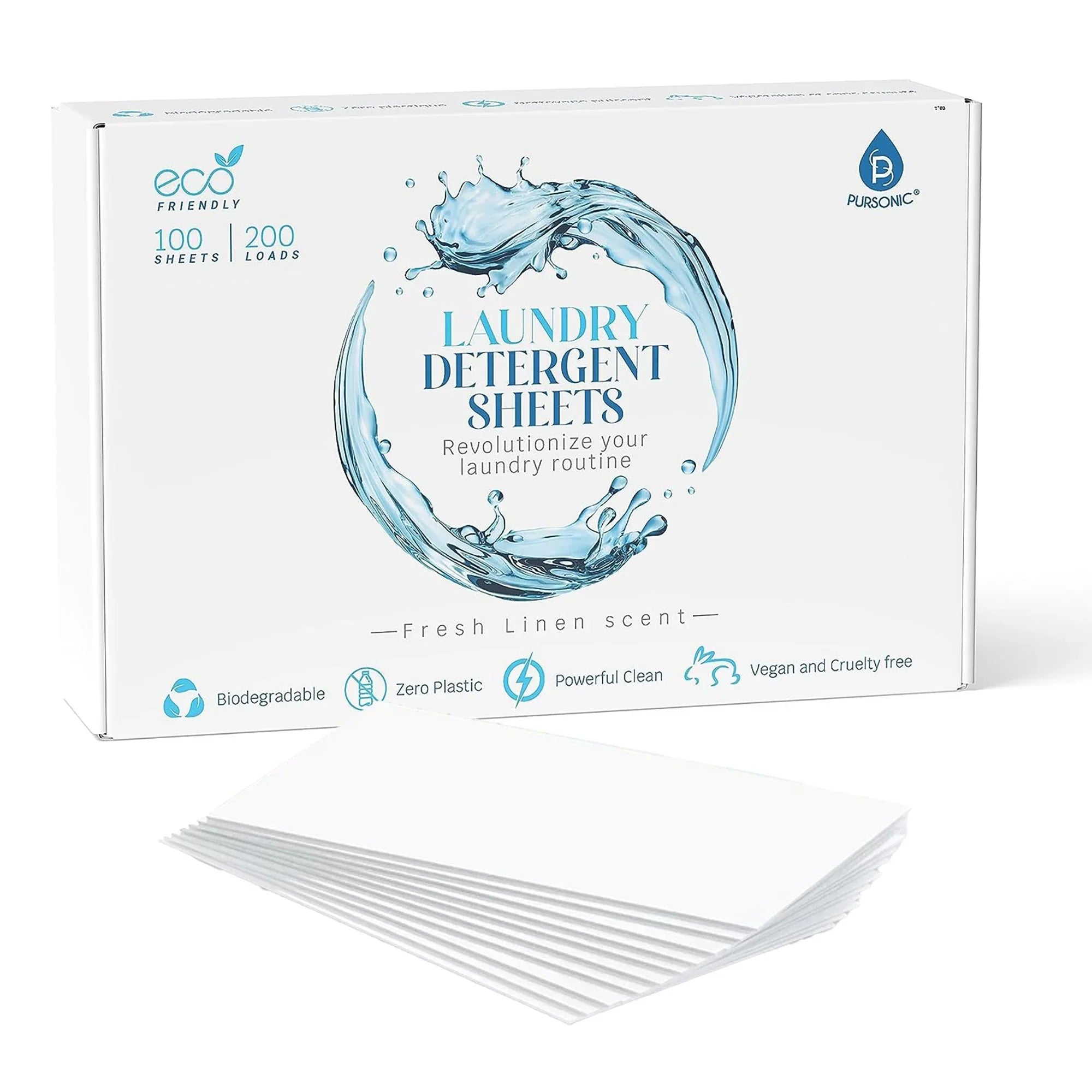 Eco-friendly laundry detergent sheets box, 100 biodegradable sheets, plastic-free, fresh linen scent