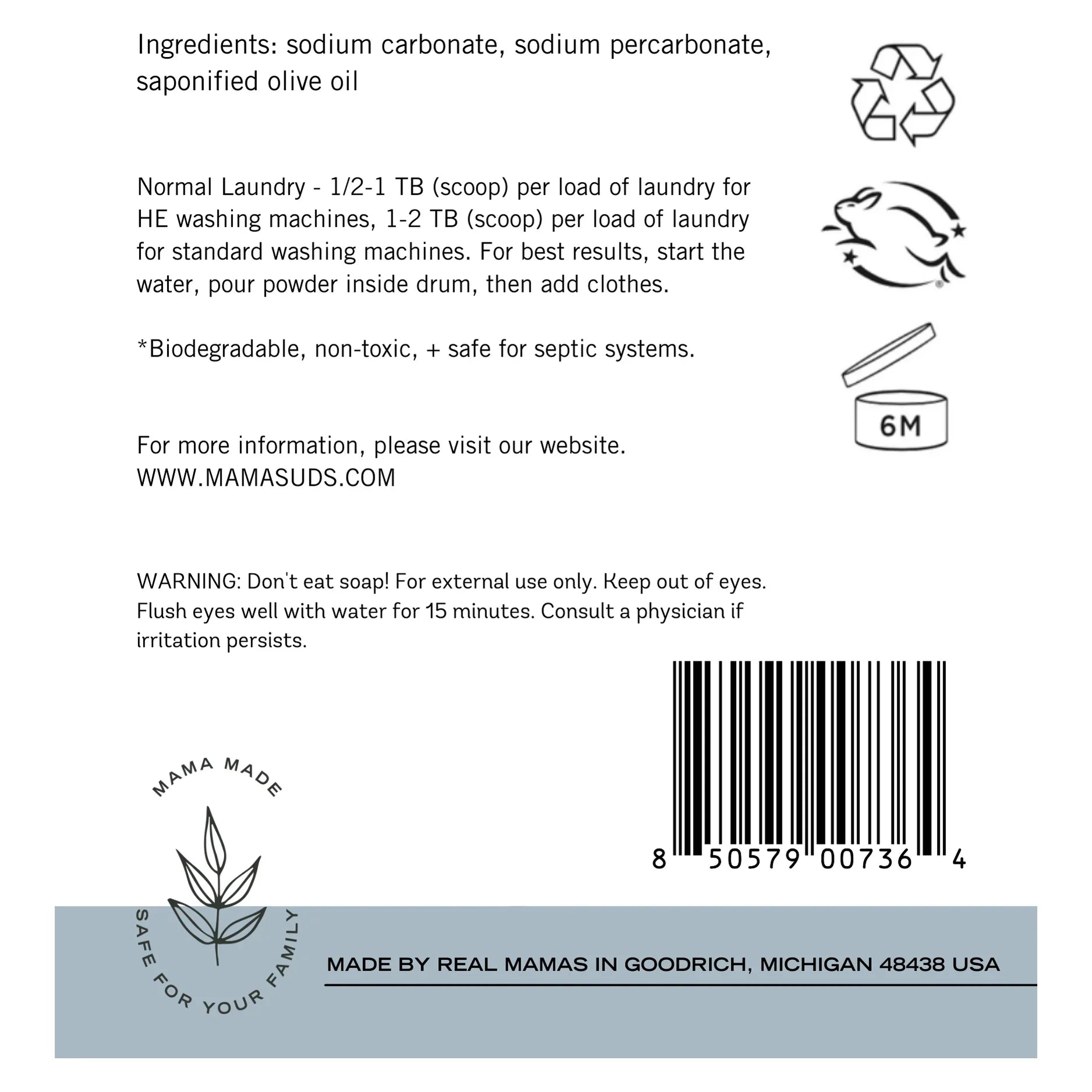 MamaSuds laundry powder label with ingredients, use instructions, safety icons, and barcode.