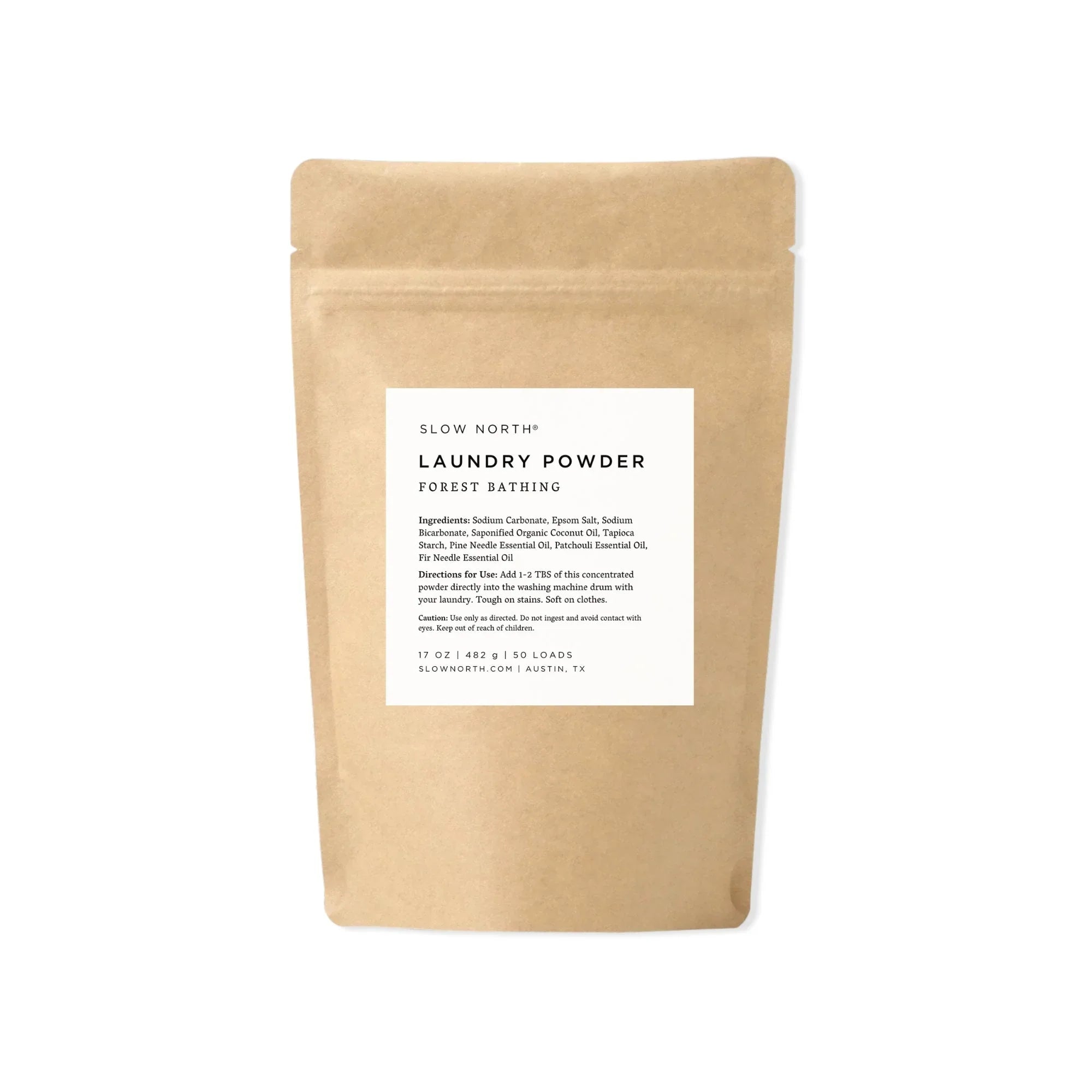 Slow North Forest Bathing natural laundry powder in kraft paper pouch with ingredient details
