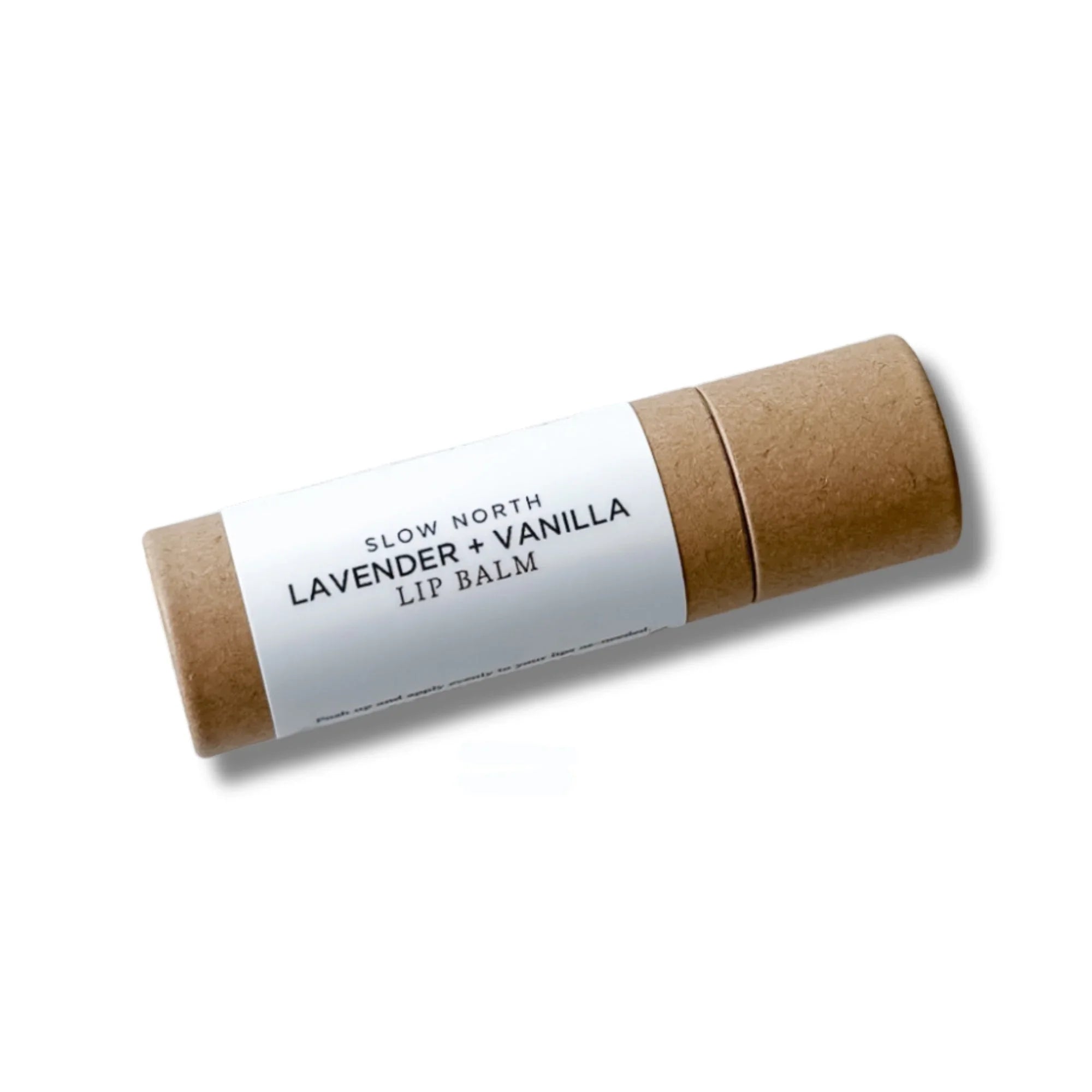 Slow North Lavender and Vanilla lip balm in eco-friendly brown paper tube with white label
