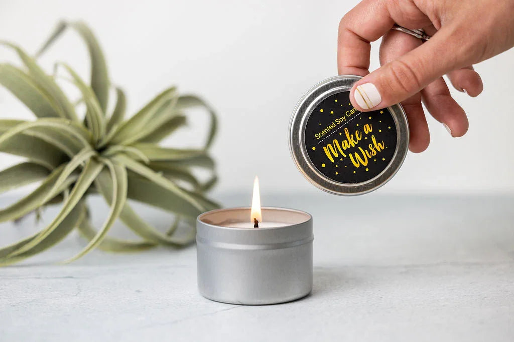 Hand holding metal lid of scented soy candle labeled Make a Wish near lit candle and green air plant