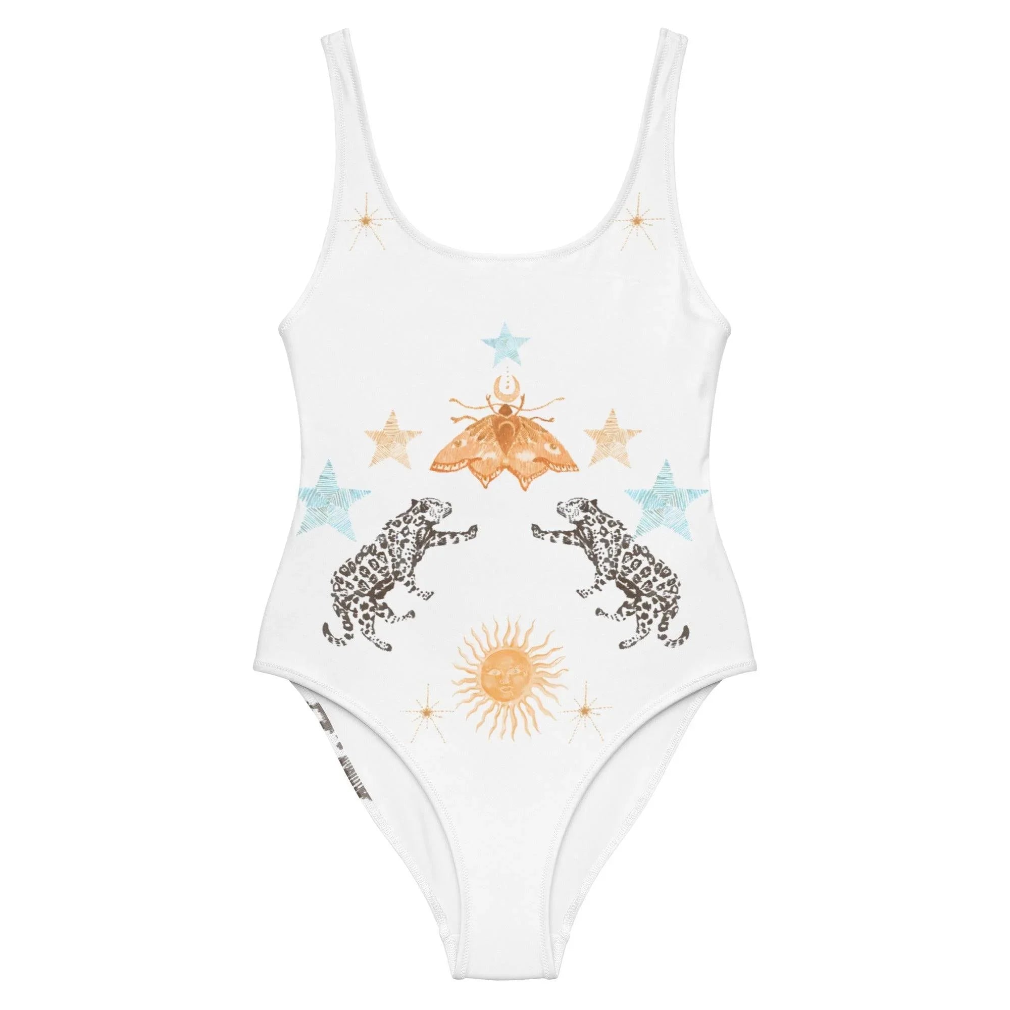 White one-piece swimsuit with prints of leopards, sun, moth, and stars in blue and gold tones