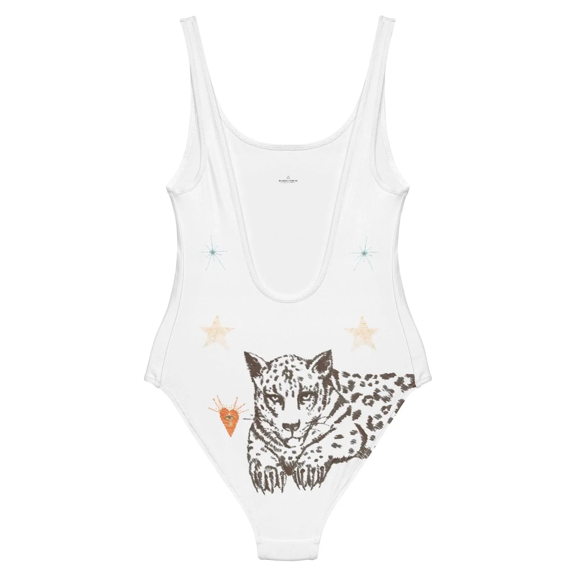 White one-piece swimsuit with deep back and leopard graphic surrounded by stars and heart shapes