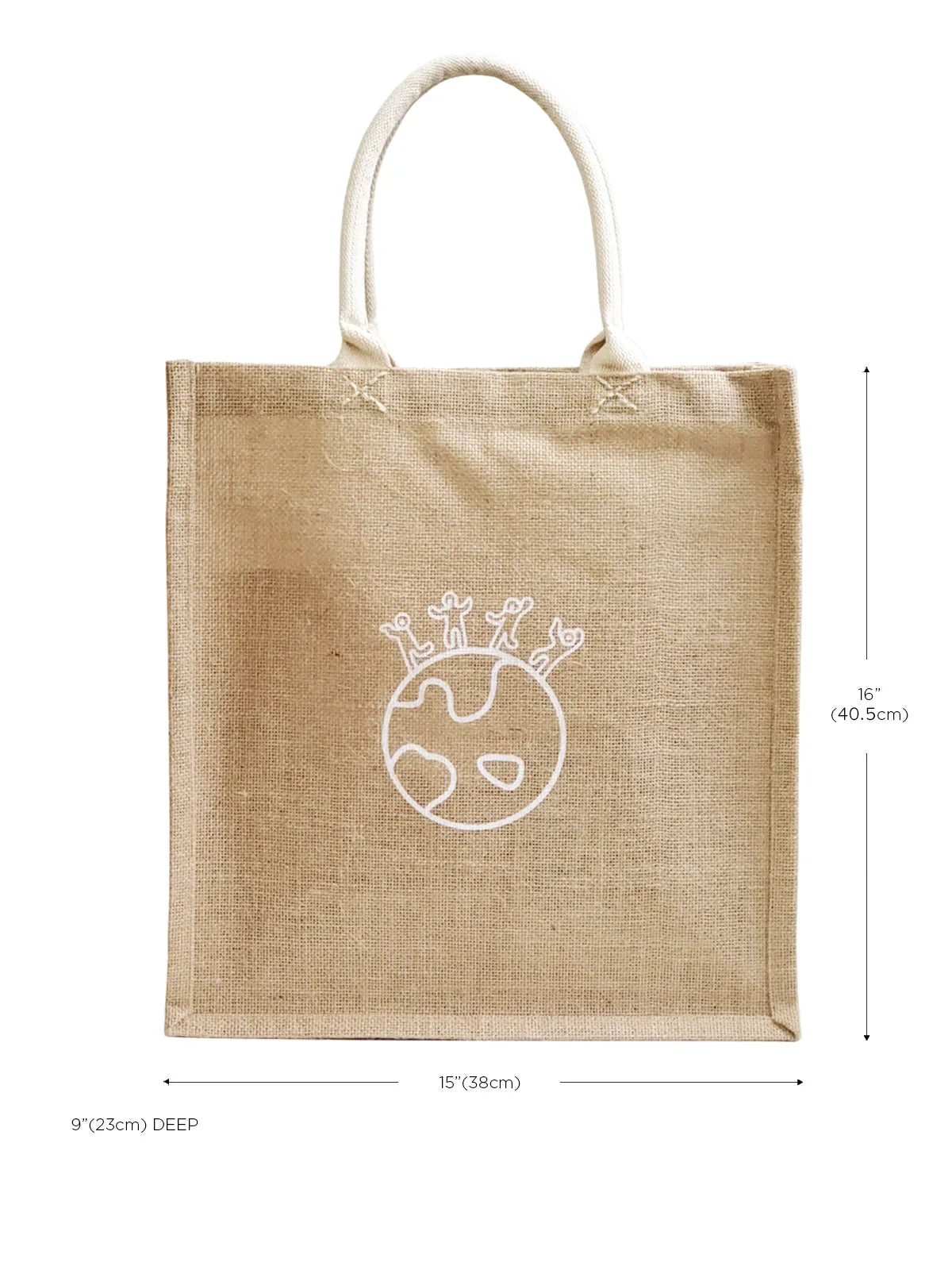 Natural jute market bag with white earth graphic and sturdy handles, eco-friendly tote