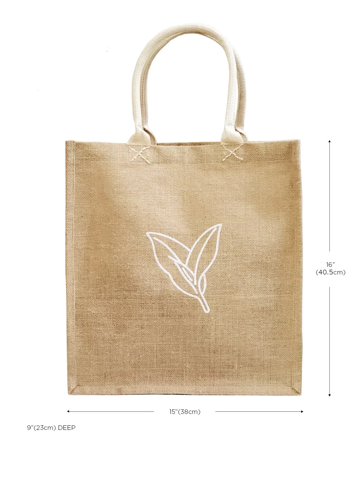 Natural jute market bag with white leaf design and cotton handles, eco-friendly reusable tote