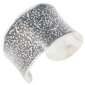 Intricately engraved silver cuff bracelet with floral pattern, Qu!rk Boutique ethical jewelry