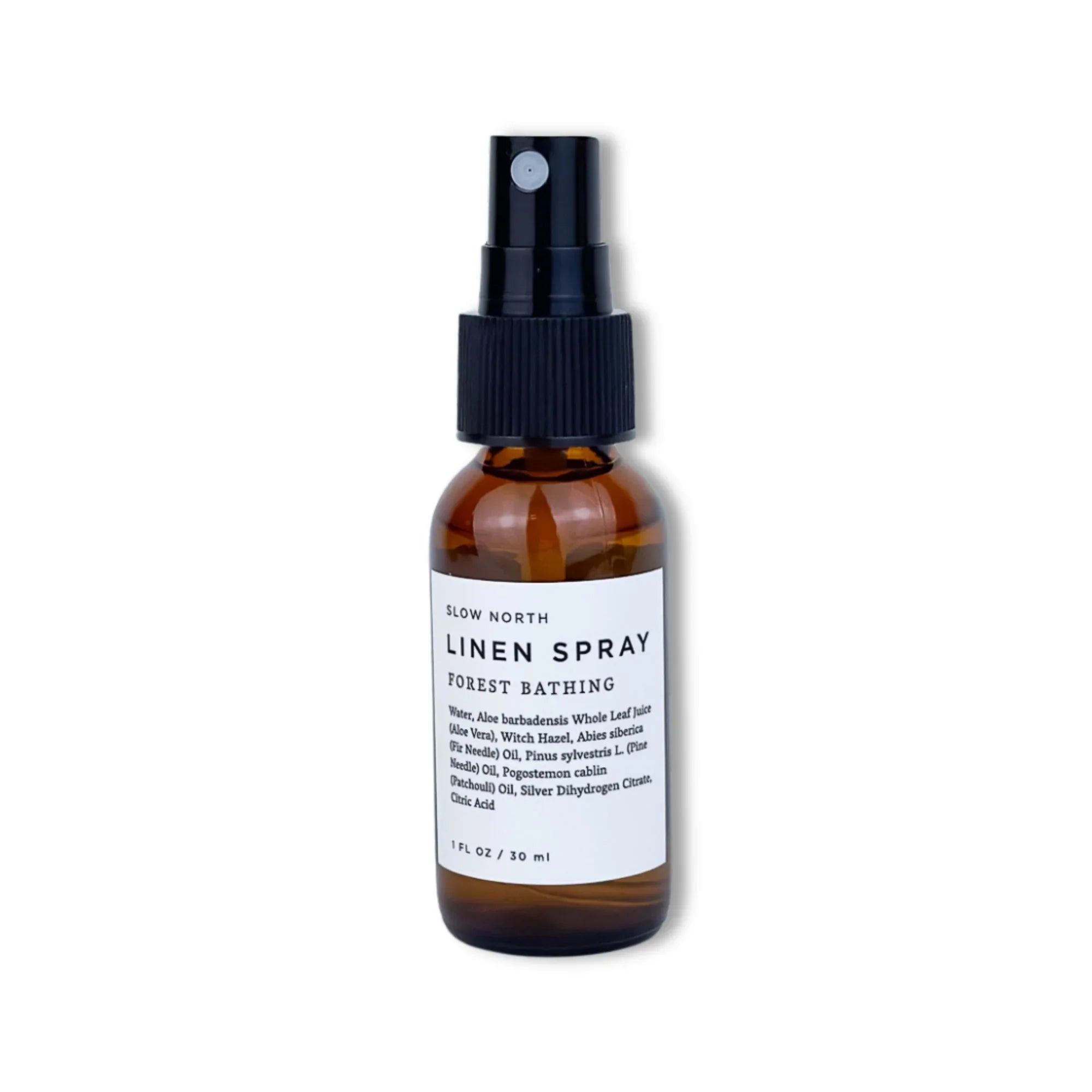 Slow North Linen Spray Forest Bathing in amber spray bottle, eco-friendly aromatherapy gift