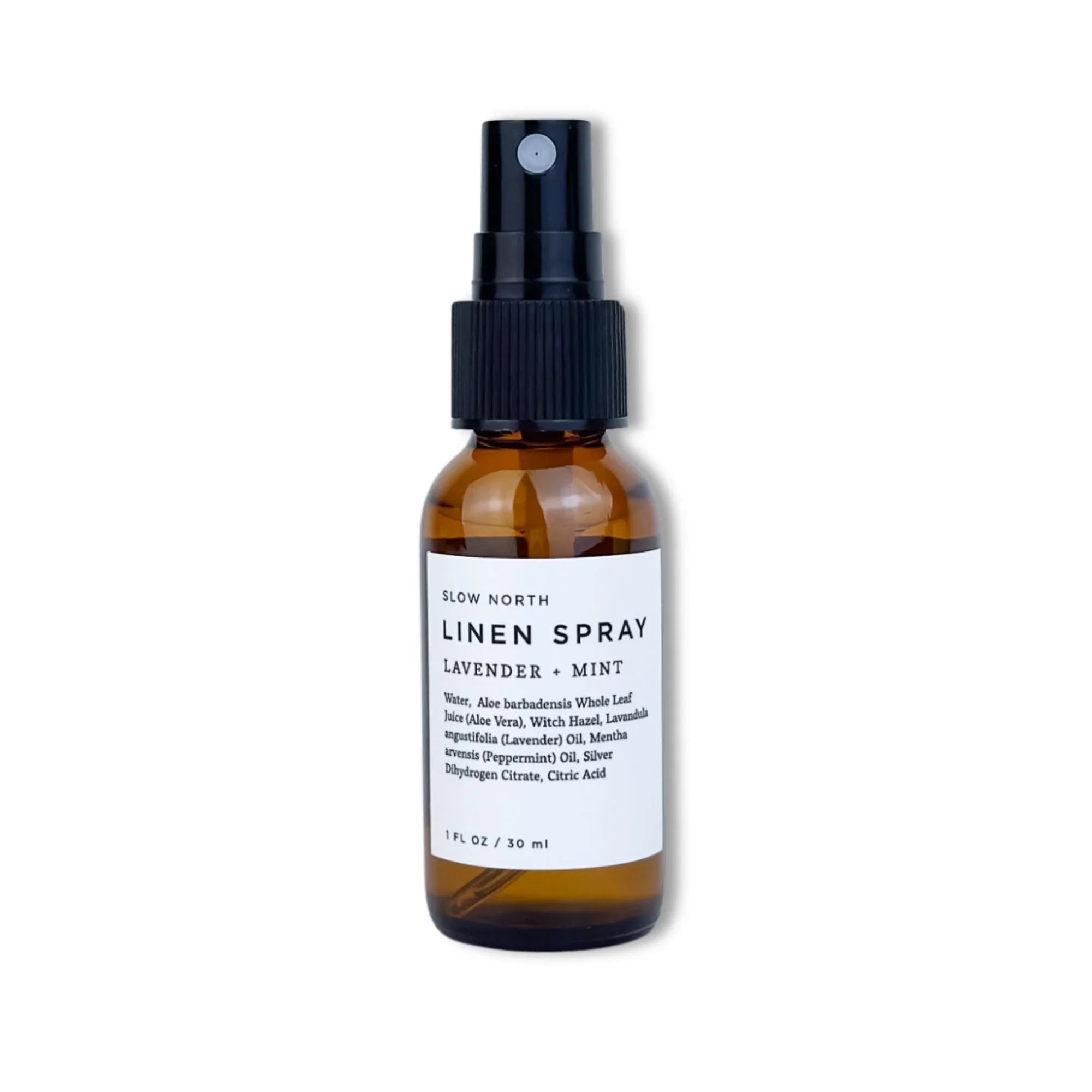 Slow North Linen Spray in amber glass bottle with black spray top, lavender and mint scent, 1 fl oz