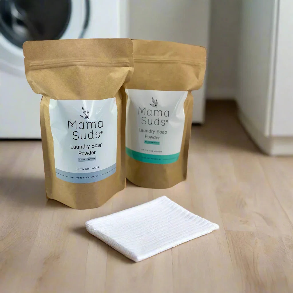 MamaSuds laundry soap powders in kraft bags with cloth, eco-friendly cleaning at Qu!rk Boutique