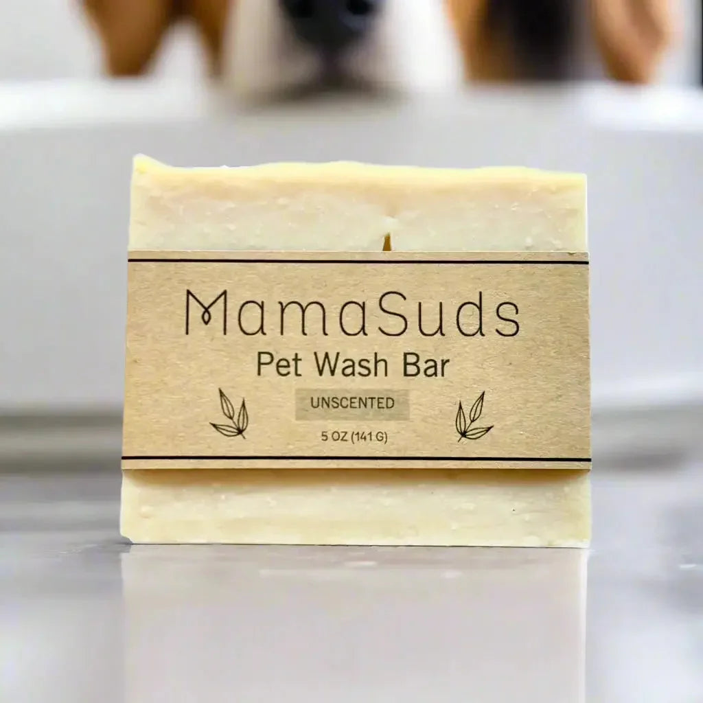 MamaSuds unscented pet wash bar on counter, ethical eco-friendly pet grooming product