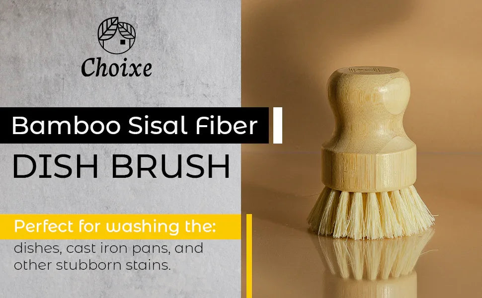 Bamboo sisal fiber dish brush with wooden handle on reflective surface, with text promoting eco-friendly cleaning