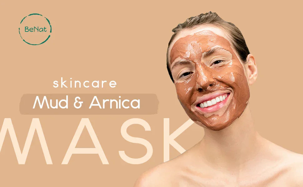 Smiling woman with Mud & Arnica mask on face against beige background, BeNat skincare product