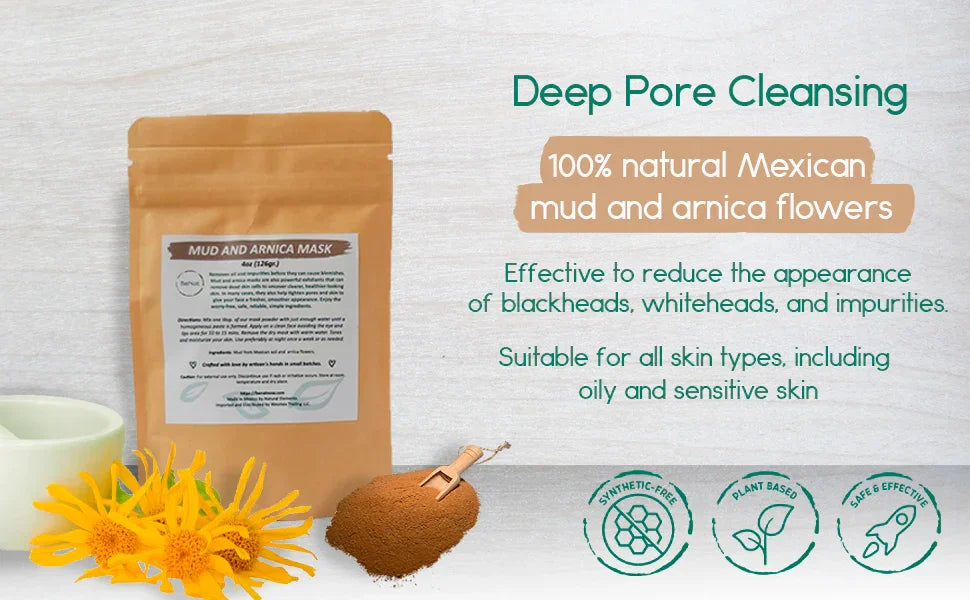 Mud and Arnica Mask by Qu!rk Boutique for deep pore cleansing, made with natural Mexican mud and arnica flowers, suitable for all skin types.