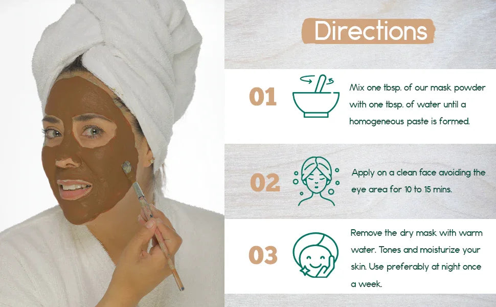 Woman in towel applying brown face mask, step-by-step skincare directions beside her.
