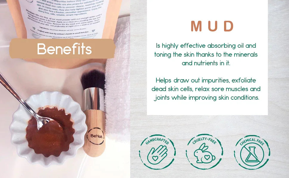 Handcrafted mud mask benefits display with brush, cruelty-free and chemical-free skincare at Qu!rk Boutique