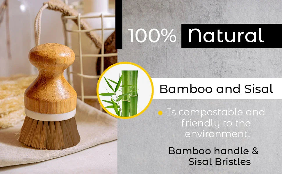 Eco-friendly kitchen scrub brush with bamboo handle and sisal bristles on beige cloth