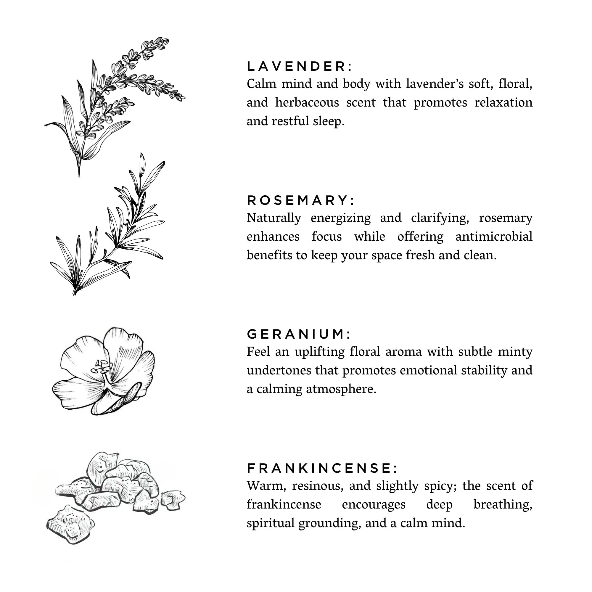 Illustrations and descriptions of lavender, rosemary, geranium flowers, and frankincense resin with calming scent benefits