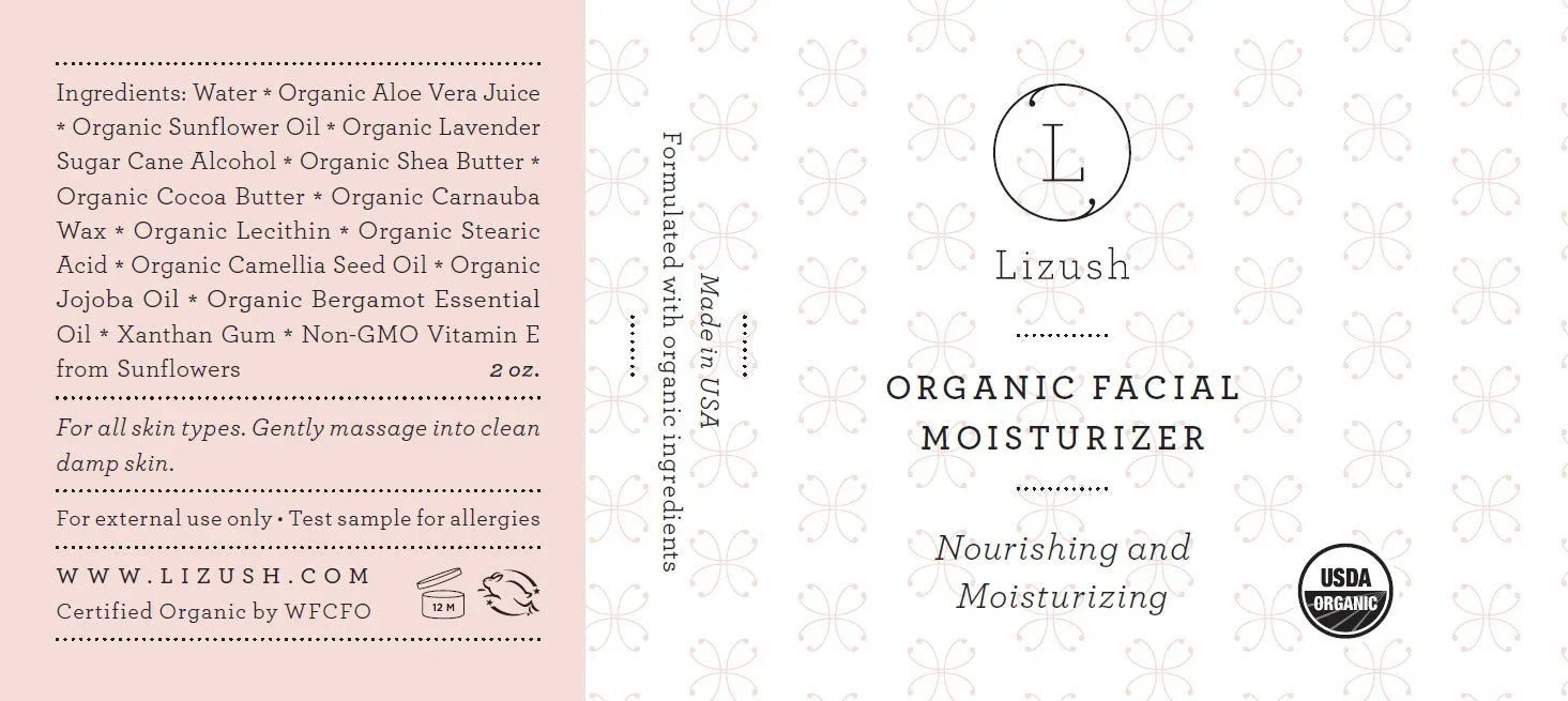 Lizush organic facial moisturizer label with natural ingredients and USDA Organic logo